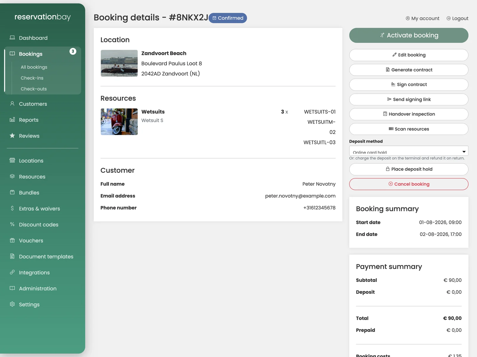 A booking in reservationbay, with its payment summary and the option to place a deposit hold.