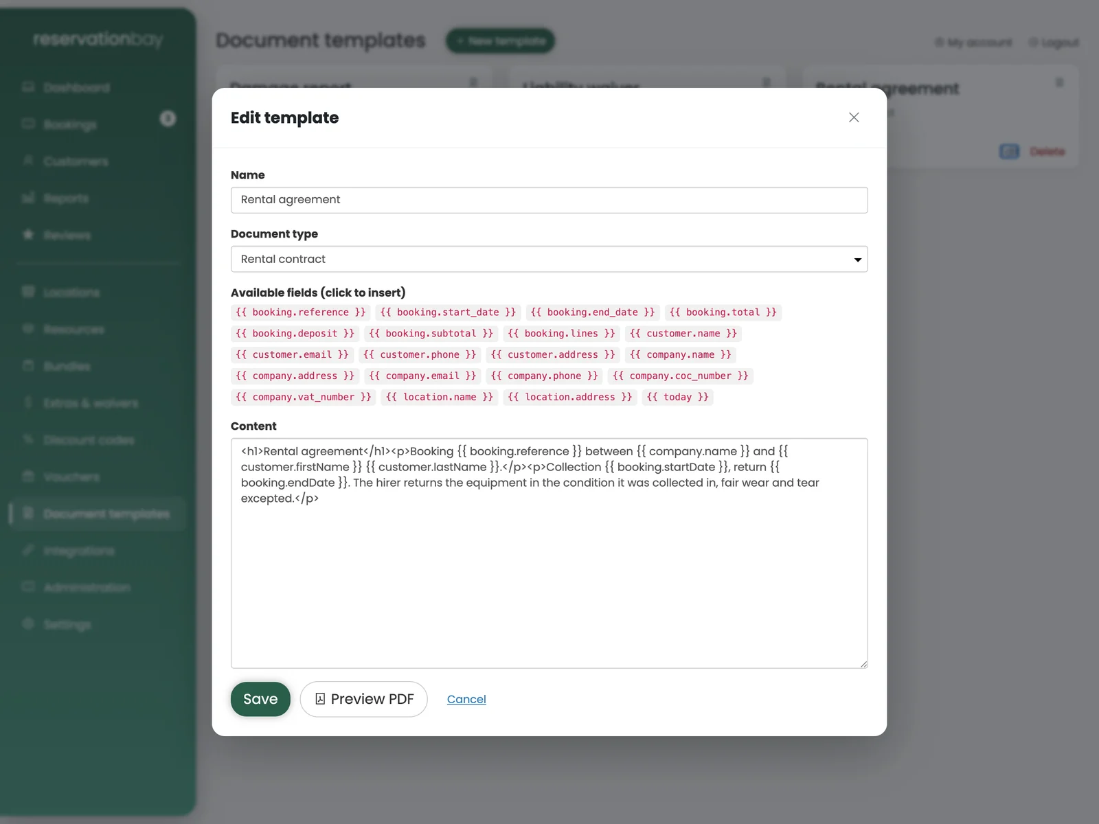 The template editor in reservationbay, showing a rental agreement and the booking fields that fill it in.