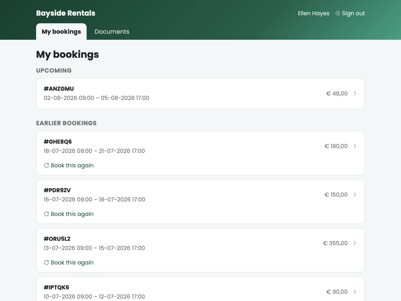 O portal de cliente de uma empresa de aluguer de demonstração, com as reservas futuras e passadas de um cliente.